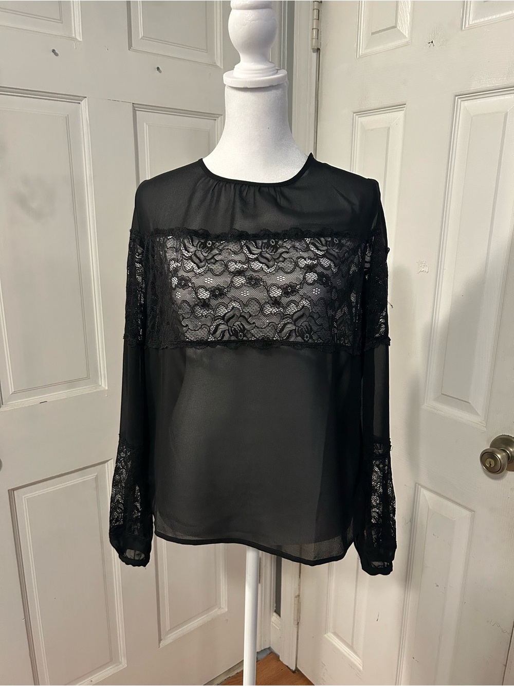LOFT Black Sheer Lace Panel Long-Sleeve Blouse